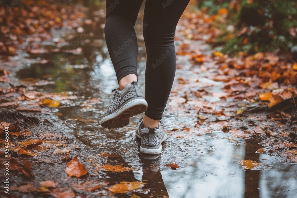 Person Jogging Through A Leafy Autumn Path With Puddles Reflecting Trees Person Jogging Through A Leafy Autumn Path With Puddles Reflecting Trees