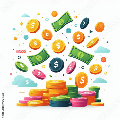 Free  Money vector money photo Gold coins and banknotes 3d cartoon style icon black Friday 
