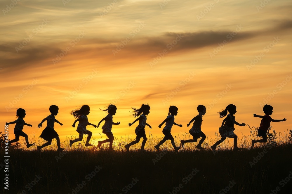 Fototapeta premium Children Running at Sunset on a Grassy Hill, Silhouetted Against Sky