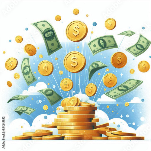 Free  Money vector money photo Gold coins and banknotes 3d cartoon style icon black Friday 

