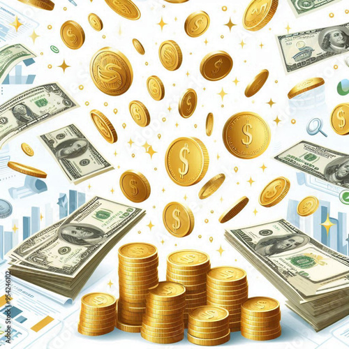 Free  Money vector money photo Gold coins and banknotes 3d cartoon style icon black Friday 
