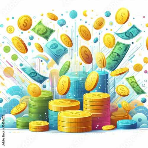 Free  Money vector money photo Gold coins and banknotes 3d cartoon style icon black Friday 
