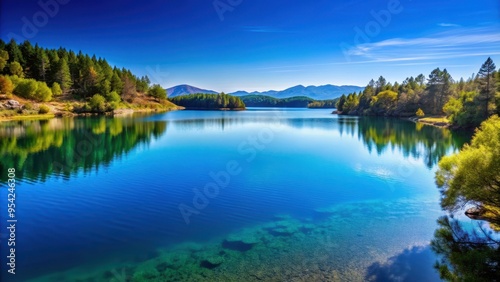 Magical landscape featuring a serene blue lake and clear blue sky, magical, landscape, blue, lake, sky, serene, peaceful