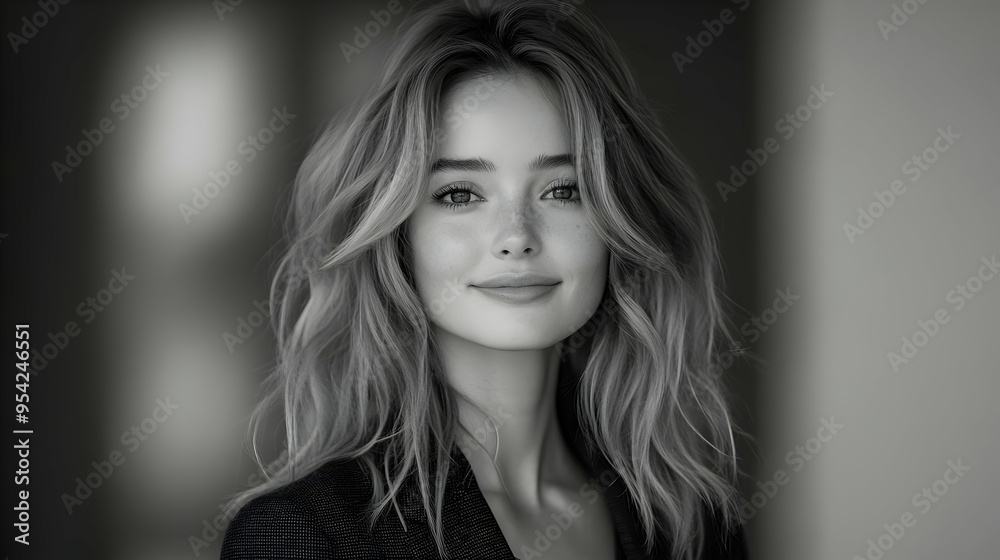 Portrait of a young woman with long wavy hair, looking at the camera with a soft smile. Portrait of a young woman with long wavy hair, looking at the camera with a soft smile.