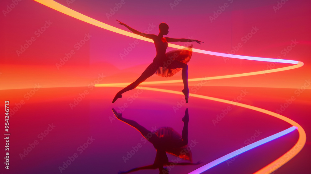 3D illustration of a ballerina silhouette in ballet dress dancing pose in space with colorful neon lights and glow holographic lines in dreamy cyberpunk fashion style gradient cool red background 3D illustration of a ballerina silhouette in ballet dress dancing pose in space with colorful neon lights and glow holographic lines in dreamy cyberpunk fashion style gradient cool red background