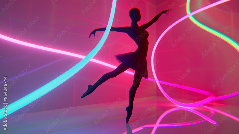 3D illustration of a ballerina silhouette in ballet dress dancing pose in space with colorful cool neon lights and glow holographic lines in dreamy cyberpunk fashion style pink background 3D illustration of a ballerina silhouette in ballet dress dancing pose in space with colorful cool neon lights and glow holographic lines in dreamy cyberpunk fashion style pink background