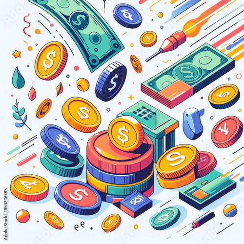 Free  Money vector money photo Gold coins and banknotes 3d cartoon style icon black Friday 
