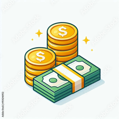 Free  Money vector money photo Gold coins and banknotes 3d cartoon style icon black Friday 
