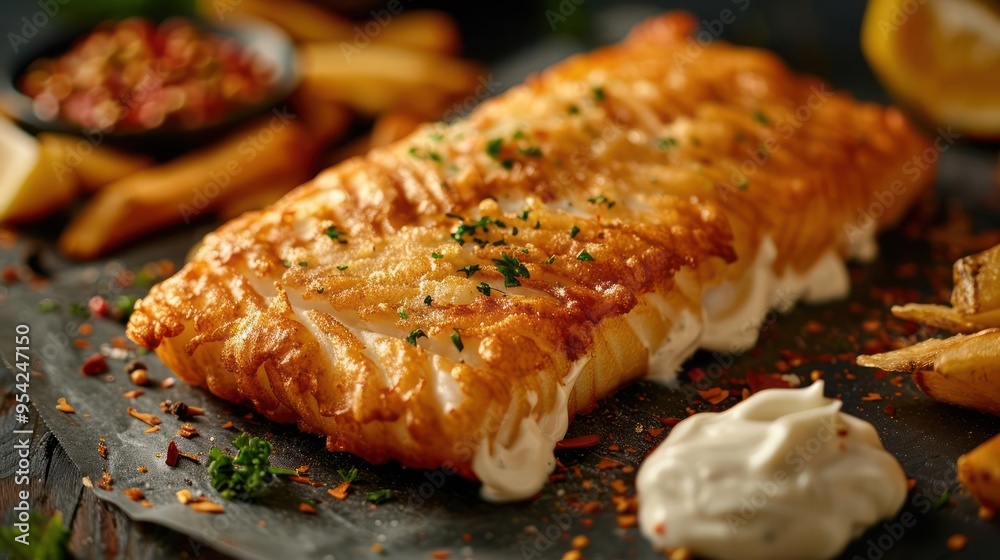 A close-up of a delicious fish dinner, featuring two seabass fillets with tartar sauce, A close-up of a delicious fish dinner, featuring two seabass fillets with tartar sauce,