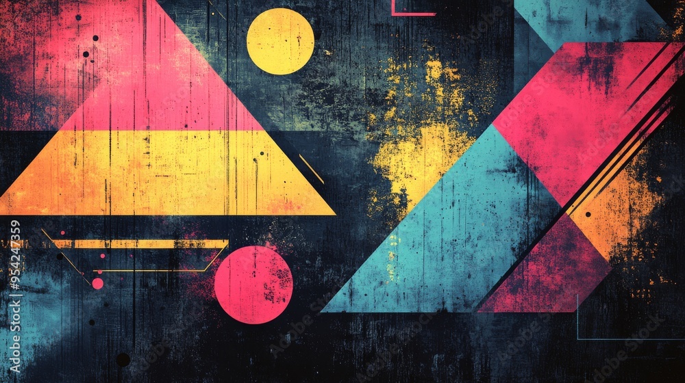 Naklejka premium Abstract Geometric Composition with Grunge Texture and Vibrant Colors
