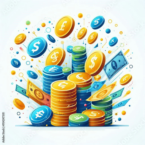 Free  Money vector money photo Gold coins and banknotes 3d cartoon style icon black Friday 
