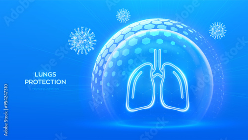 Lungs care. Virus protection. Antiviral protection of the lungs. Human respiratory system anatomy lungs organ icon inside protection sphere shield with hexagon pattern. Virus cell. Vector illustration
