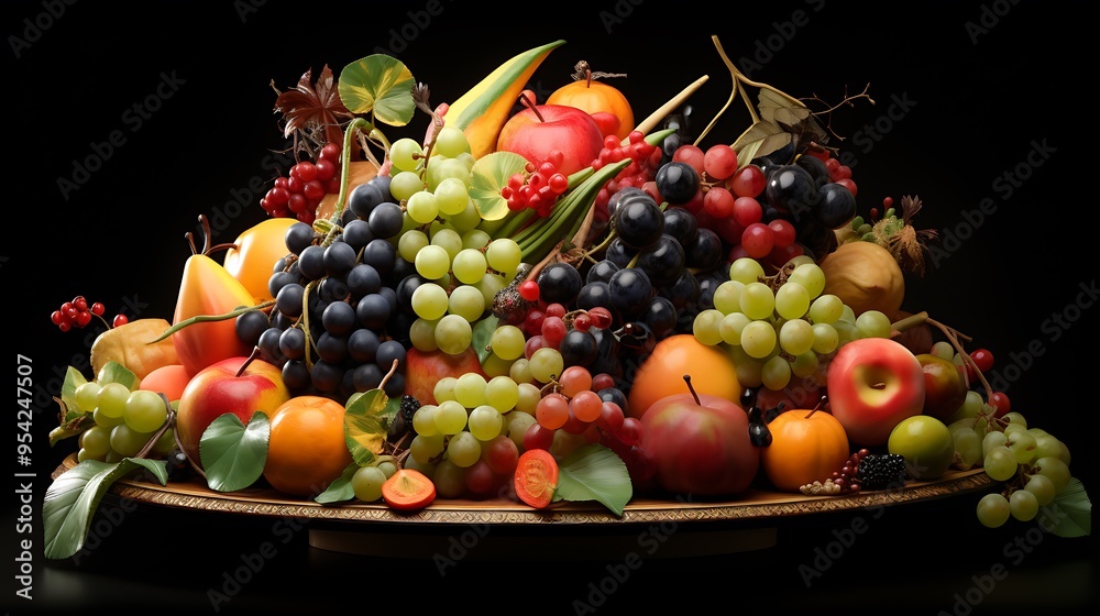 A stunning arrangement of seasonal fruits and vegetables, including berries, melon, and citrus, on a decorative platter. A stunning arrangement of seasonal fruits and vegetables, including berries, melon, and citrus, on a decorative platter.