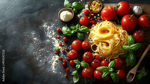 Raw pasta, tomatoes, basil,...