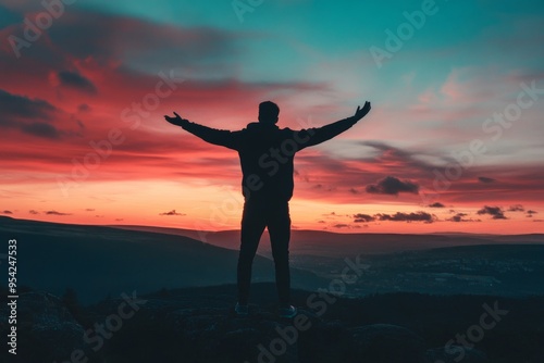 Man Silhouette Standing on Rock Outcrop at Twilight with Stunning Multicolored Sky