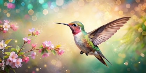 Close-up painting of a little bird hummingbird with flowers on a light abstract background, hummingbird, bird, flowers