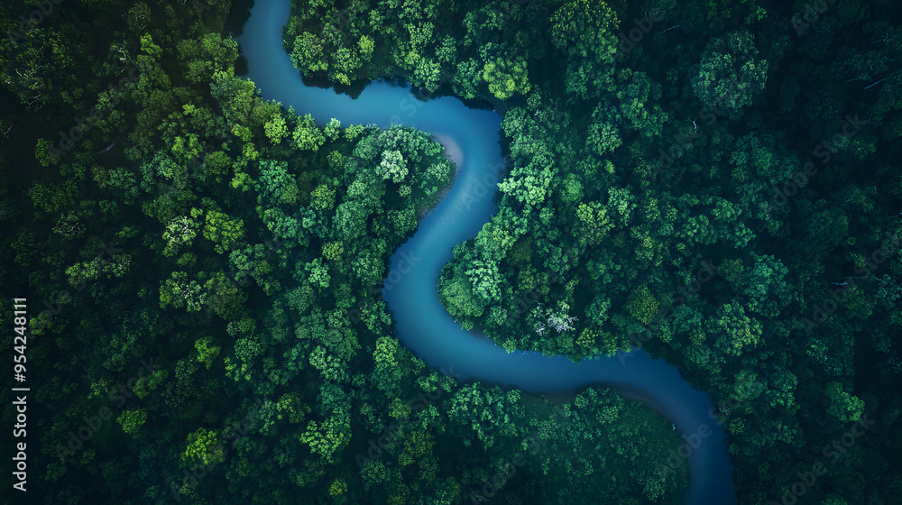 Fototapeta premium A drone hovers above a dense, lush forest, capturing the winding path of a serpentine river cutting through the greenery