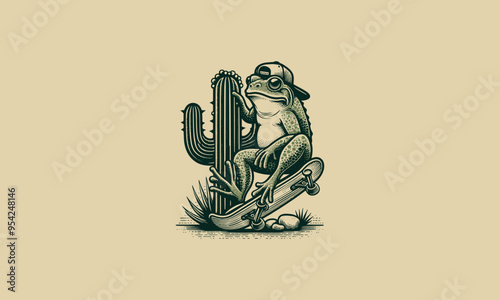 frog playing skateboard on cactus vector illustration mascot design photo