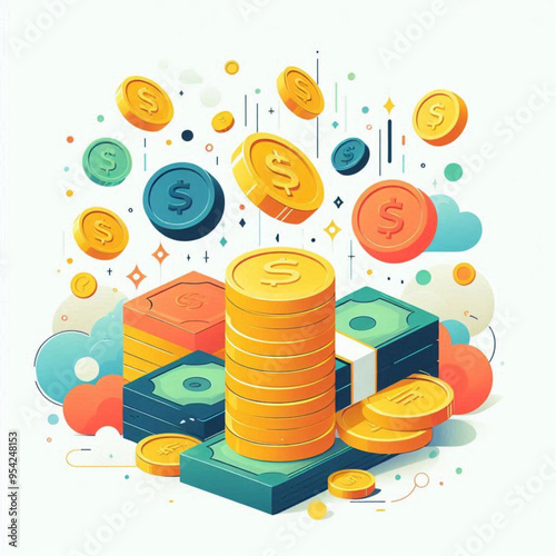 Free  Money vector money photo Gold coins and banknotes 3d cartoon style icon black Friday 
