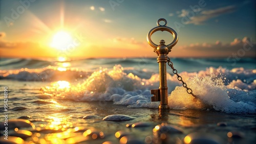 Ancient keychain symbolizing courage emerges from seafoam in misty morning light