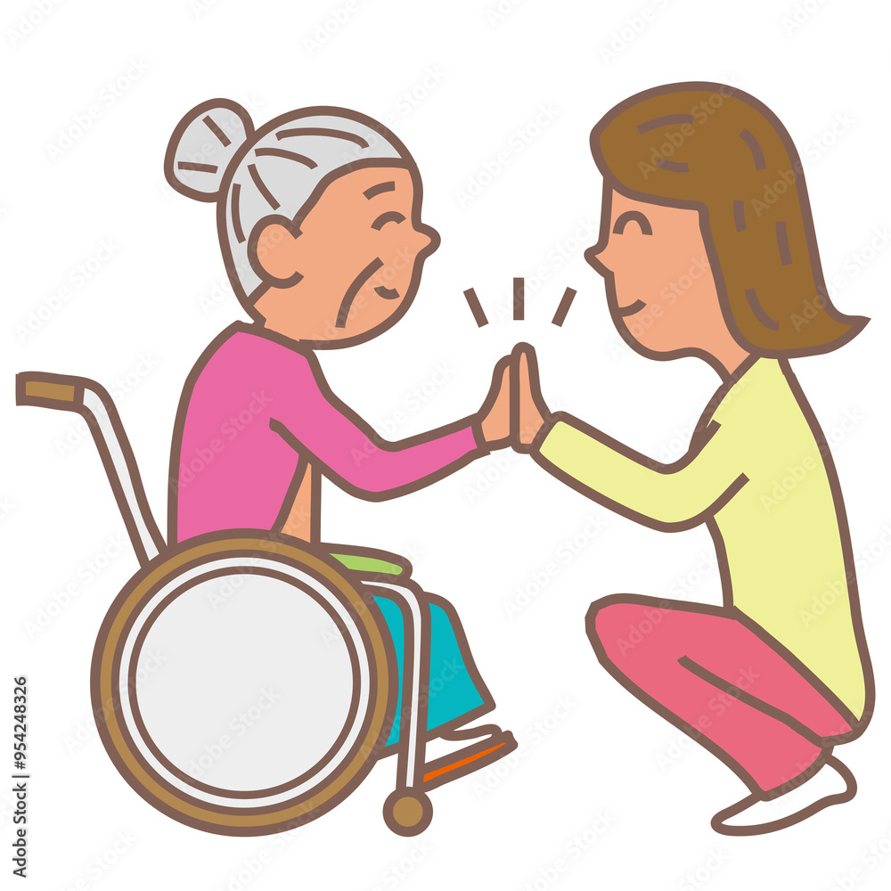 向き合ってハイタッチをするお婆さんと娘さん 向き合ってハイタッチをするお婆さんと娘さん