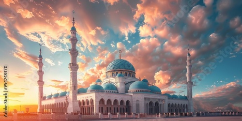 The dramatic sky above the beautiful mosque shines beautifully in the sunlight photo