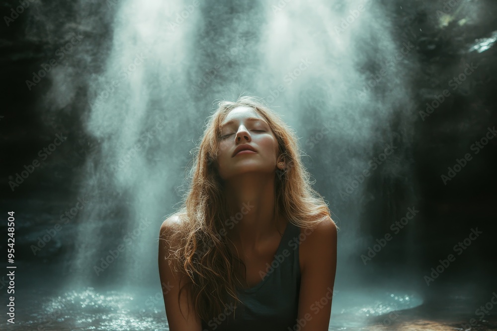 Fototapeta premium Serenity and Contemplation Under Waterfall Mist in a Tranquil Forest Setting