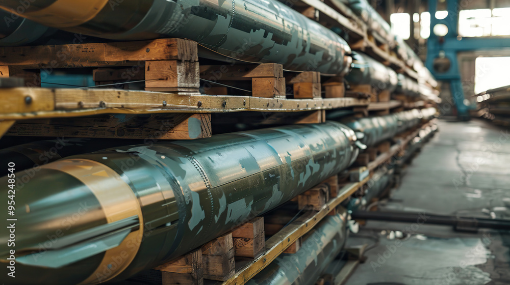 Warehouse. Military missiles on pallets. Warehouse. Military missiles on pallets.