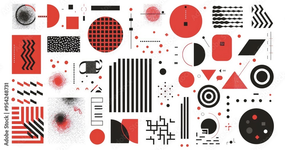 Obraz premium A collage of abstract shapes and patterns in red, black, and white for graphic design use.