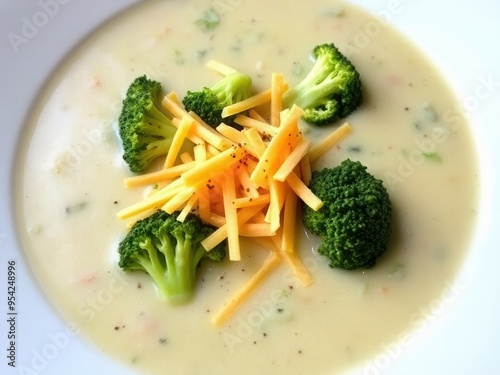 A bowl of creamy broccoli soup, garnished with shredded cheddar cheese and a sprinkle of black pepper.