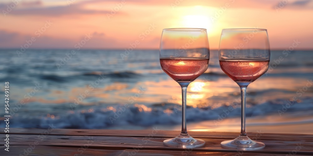 two glasses of champagne on the table at sunset. Beach sunset with sea background two glasses of champagne on the table at sunset. Beach sunset with sea background