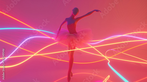 3D illustration of a ballerina silhouette in ballet dress dancing pose in space with pink neon lights and glow holographic lines in dreamy cyberpunk fashion style gradient red background