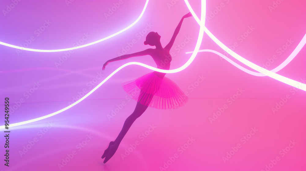 3D illustration of a ballerina silhouette in ballet dress dancing pose in space with pink neon lights and glow holographic lines in dreamy cyberpunk fashion style pink background 3D illustration of a ballerina silhouette in ballet dress dancing pose in space with pink neon lights and glow holographic lines in dreamy cyberpunk fashion style pink background
