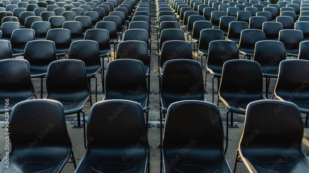 Naklejka premium Empty black tribune seats in an outdoor sports stadium. Symmetrical view of a sports stadium with a focus on color and modern design. Sports and audience concept.