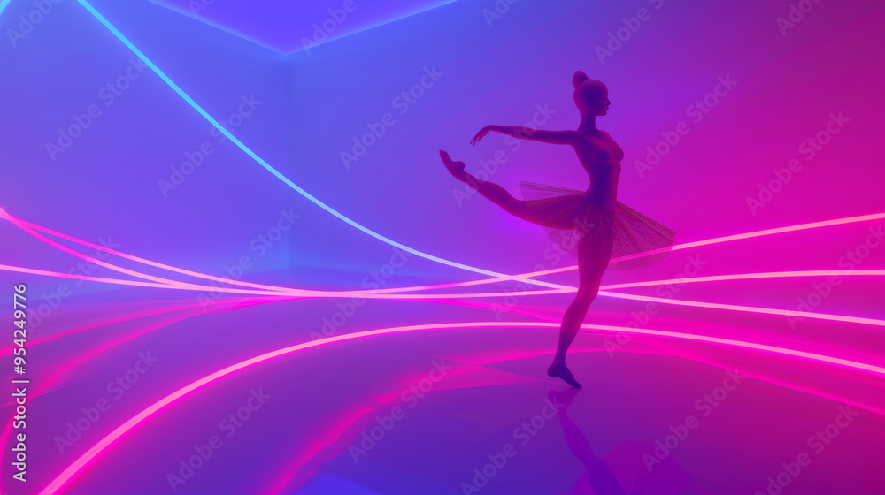 3D illustration of a ballerina silhouette in ballet dress dancing pose in space with neon lights and glow holographic lines in dreamy cyberpunk fashion style purple background