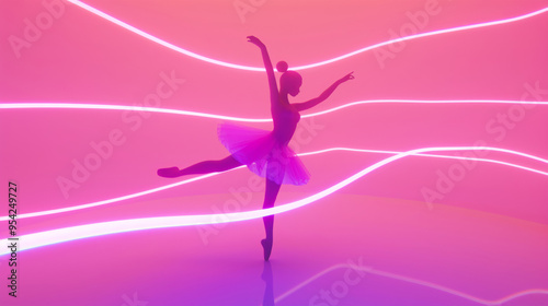 3D illustration of a ballerina silhouette in ballet dress dancing pose in space with white neon lights and glow holographic lines in dreamy cyberpunk fashion style peach background