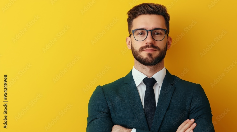 Confident businessman in suit and tie, arms crossed, standing against a vibrant yellow background. Confident businessman in suit and tie, arms crossed, standing against a vibrant yellow background.