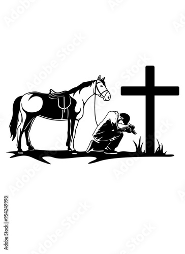Kneeling Cowboy | Rodeo | Western Country | Memorial Cross | Cowboy in the Cross | Cowboy | Horse | Praying Cowboy | Original Illustration | Vector and Clipart | Cutfile and Stencil