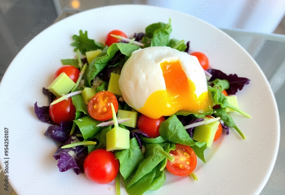 A colorful salad with a mix of fresh greens, cherry tomatoes, and a perfectly poached egg on top, served on a white plate