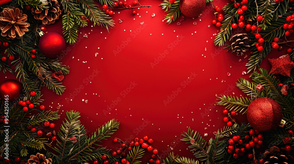 Christmas background with balls and fir branches, Christmas border in red color Christmas background with balls and fir branches, Christmas border in red color