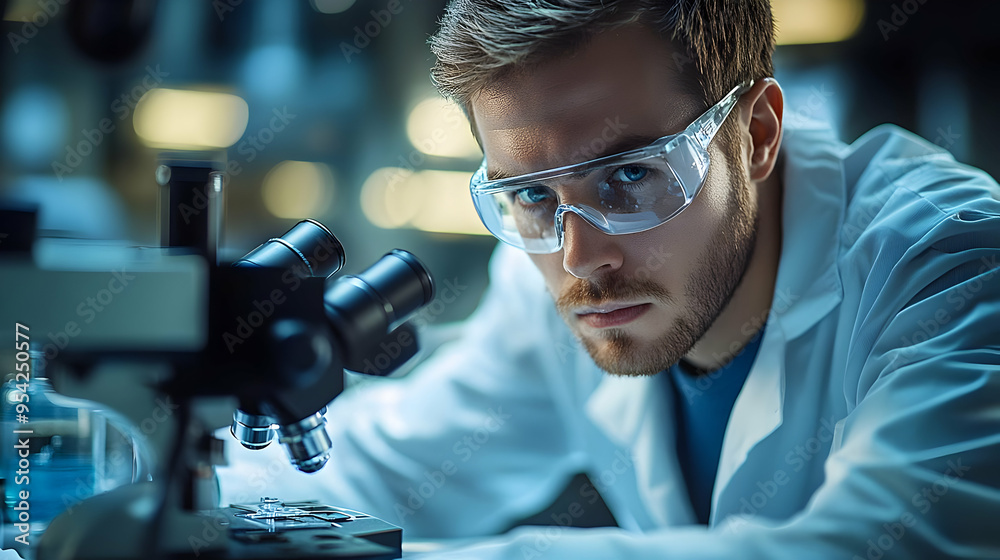 Scientist looking through a microscope in a lab. Scientist looking through a microscope in a lab.
