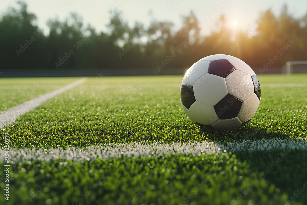 Fototapeta premium Ball on the green field in soccer stadium. Ready for game in the midfield. Soccer ball close-up