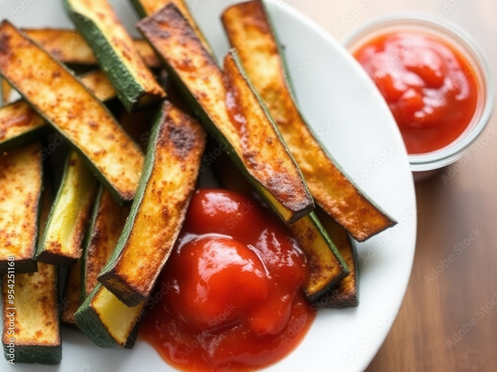A plate of crispy baked zucchini fries, served with a side of marinara sauce for dipping. A plate of crispy baked zucchini fries, served with a side of marinara sauce for dipping.