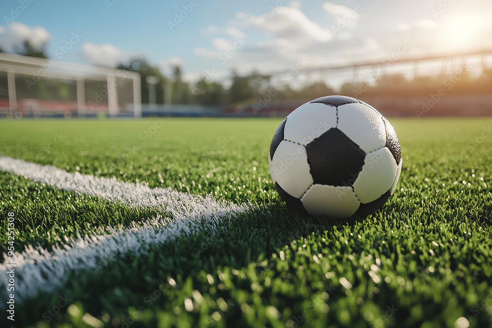 Obraz premium Ball on the green field in soccer stadium. Ready for game in the midfield. Soccer ball close-up