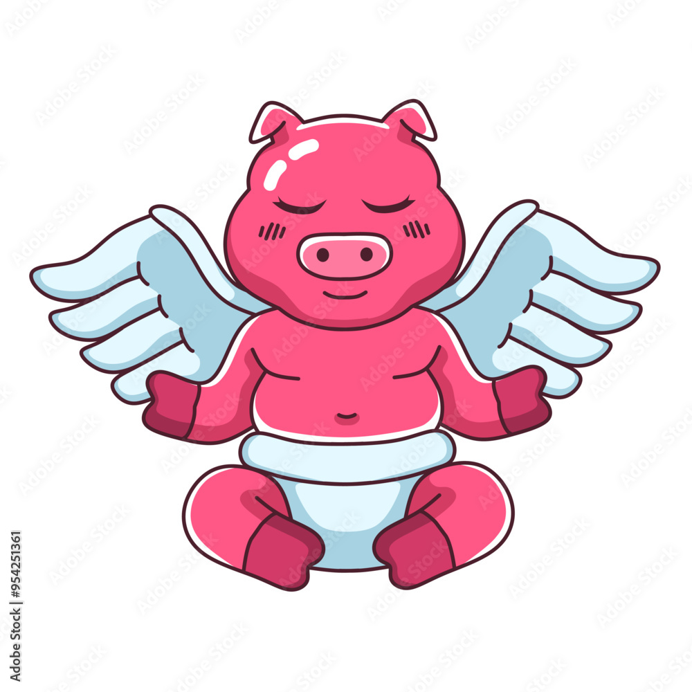 Naklejka premium cute winged pig is meditating looking for peace.cartoon illustration on white background