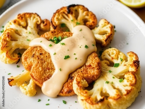 A plate of roasted cauliflower steaks, seasoned with garlic and herbs, topped with a lemon tahini sauce