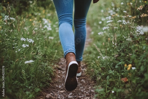 Person walking along a nature trail surrounded by wildflowers and green grass in a serene environment.