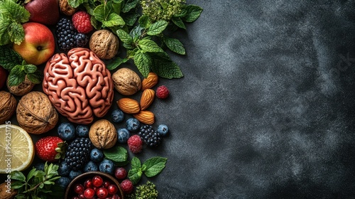 Top View of a Human Brain Model Surrounded by Healthy Fruits, Nuts, and Berries on a Gray Background with Copy Space for Text, Concept of Knowledge in Healthcare, Flat Lay with Bright Daylight

 photo