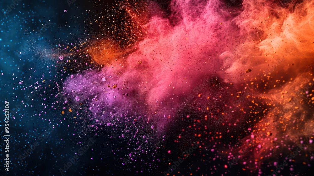 A bright, colorful explosion of particles resembling confetti or dust in a vibrant spectrum. A bright, colorful explosion of particles resembling confetti or dust in a vibrant spectrum.