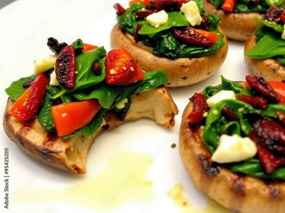 A serving of grilled portobello mushrooms stuffed with spinach, sun-dried tomatoes, and goat cheese A serving of grilled portobello mushrooms stuffed with spinach, sun-dried tomatoes, and goat cheese